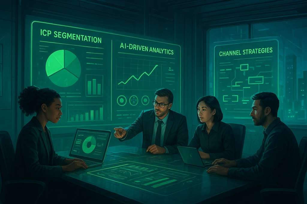 一个团队正在利用AI驱动的数据分析进行市场进入策略的讨论